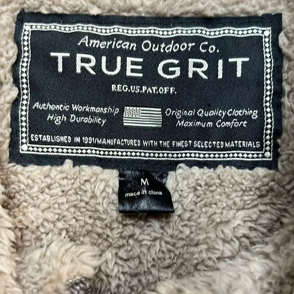 True Grit Mens Medium Sherpa Lined Shirt Jacket Gray Faux Leather Button Front S